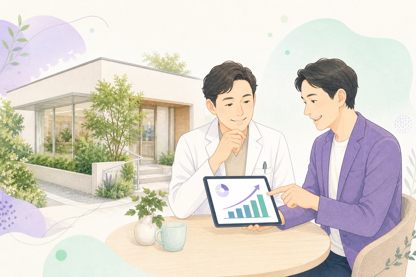 クリニックの院長とWeb集客の専門家が改善内容を相談しているイラスト