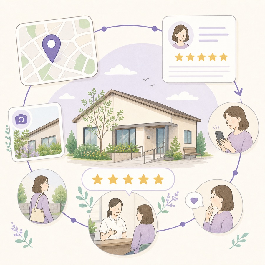 クリニックの地図情報と自然な口コミ導線を表したイラスト