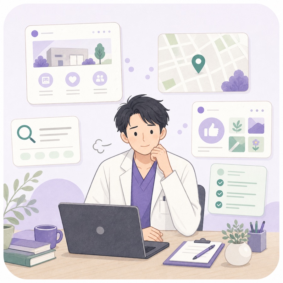 診療とWeb集客業務の両立に悩む院長のイラスト