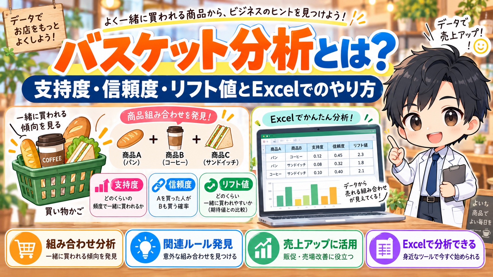 バスケット分析とは?支持度・信頼度・リフト値とExcelでのやり方