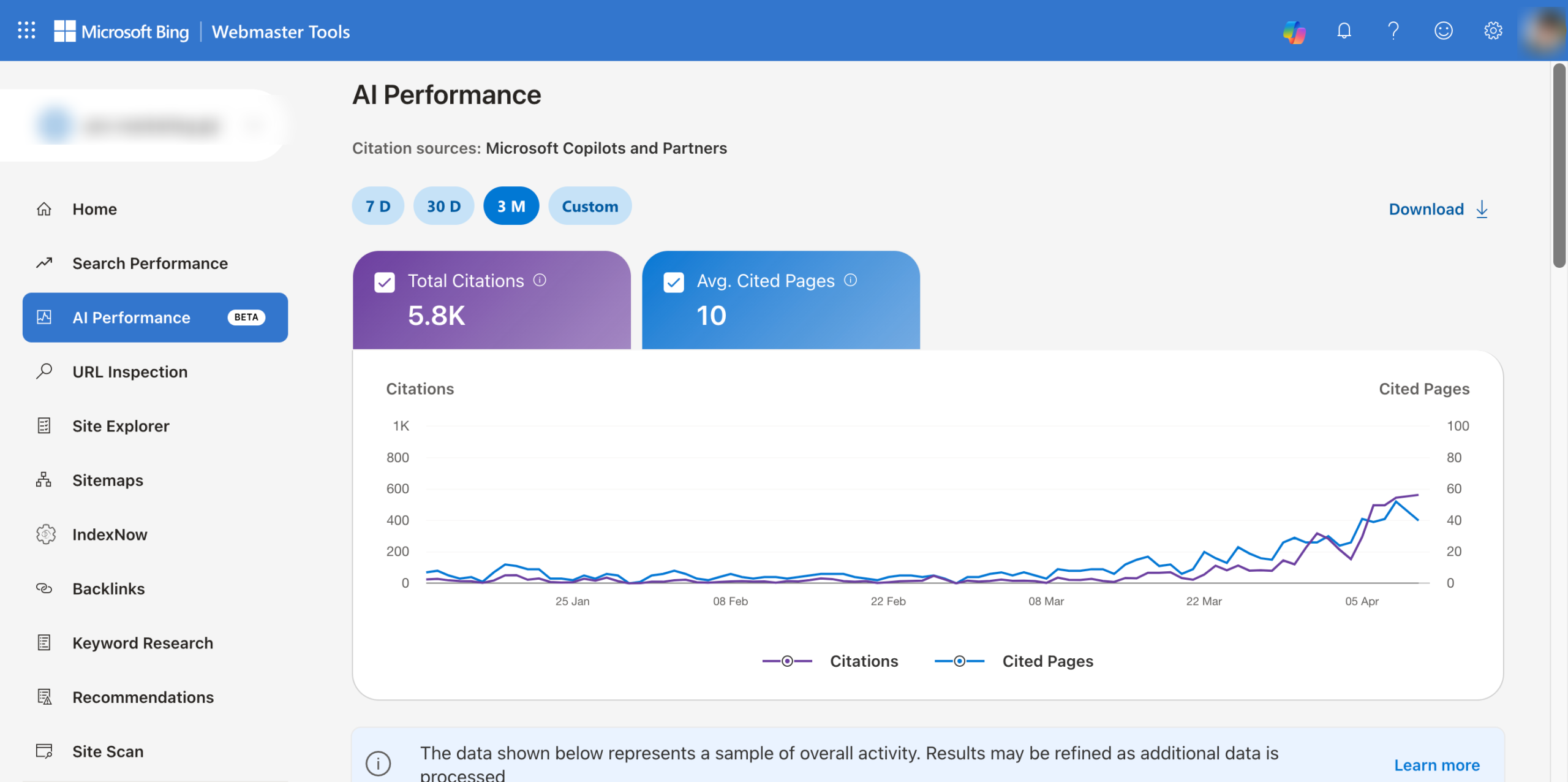 Bing Webmaster Tools AI Performanceのメインダッシュボード画面