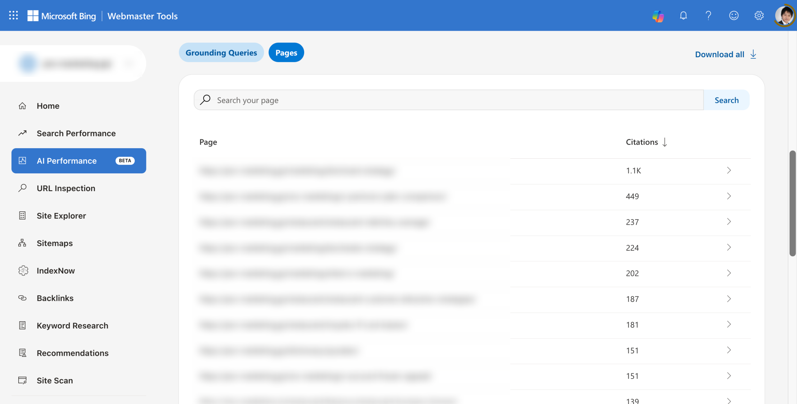 PagesタブでURLごとの引用数を確認している画面