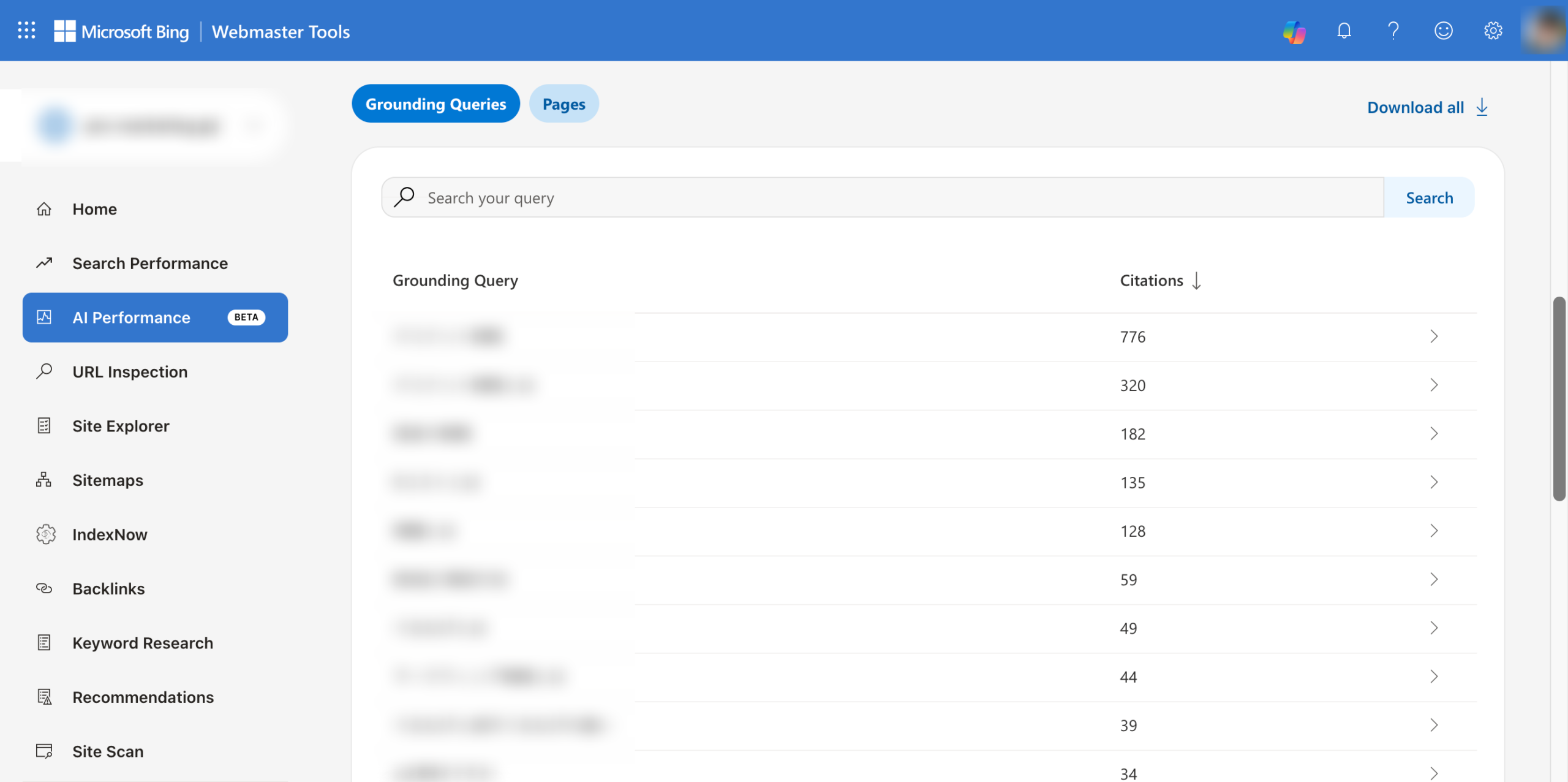 Grounding Queriesタブ。クエリ別の引用数が確認できる