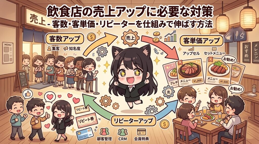 飲食店の売上アップに必要な対策 - 客数・客単価・リピーターを仕組みで伸ばす方法