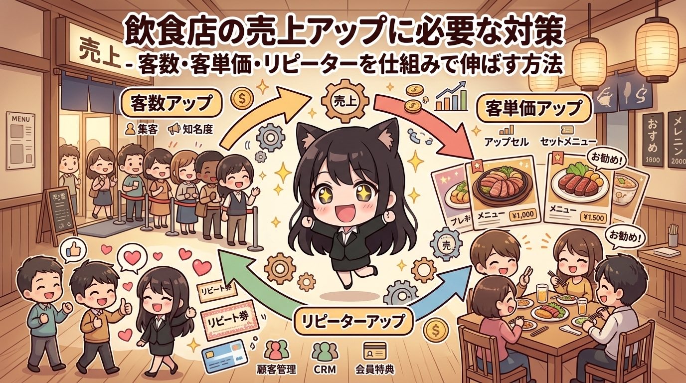 飲食店の売上アップに必要な対策 - 客数・客単価・リピーターを仕組みで伸ばす方法