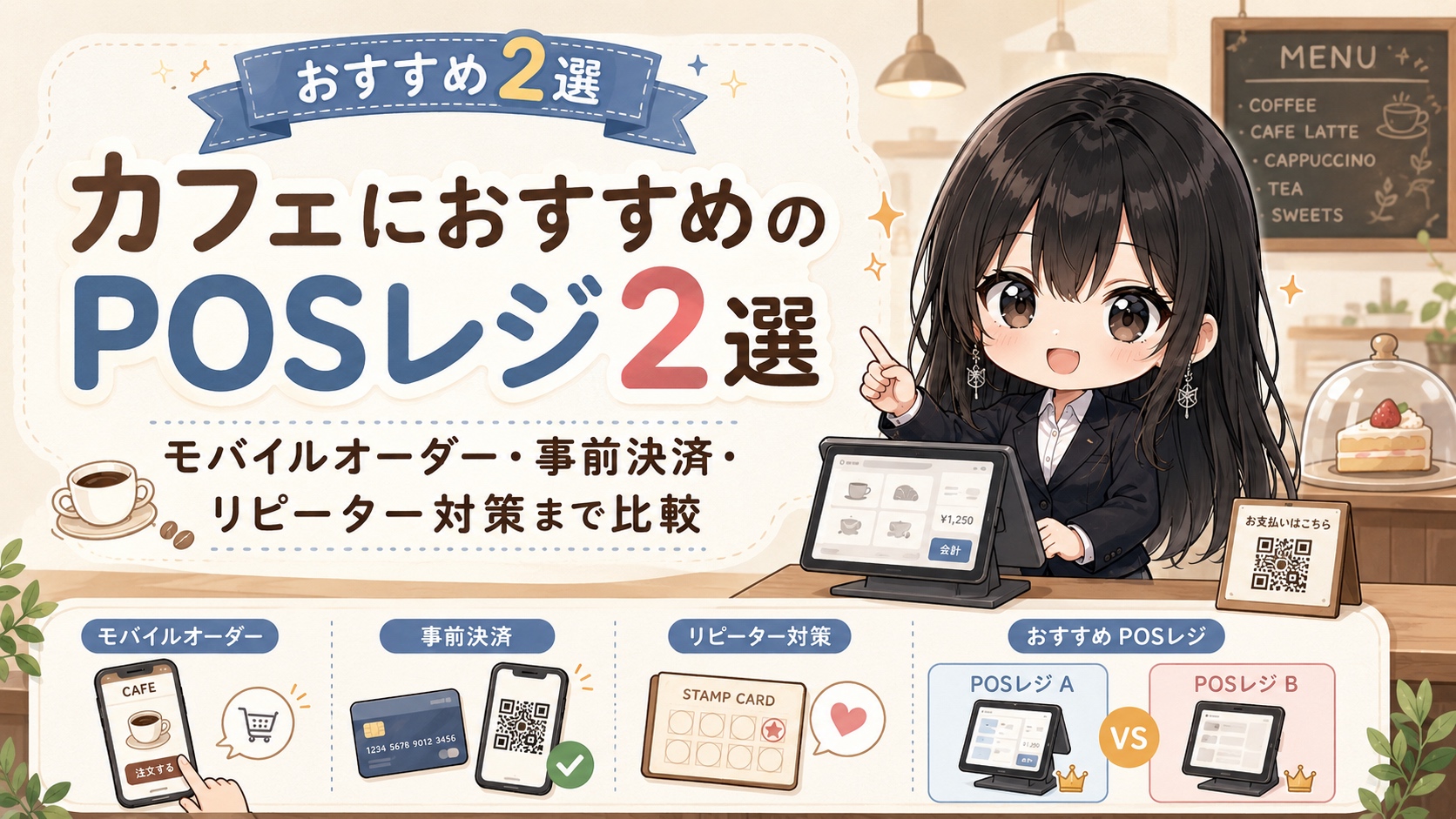カフェにおすすめのPOSレジ2選|モバイルオーダー・事前決済・リピーター対策まで比較