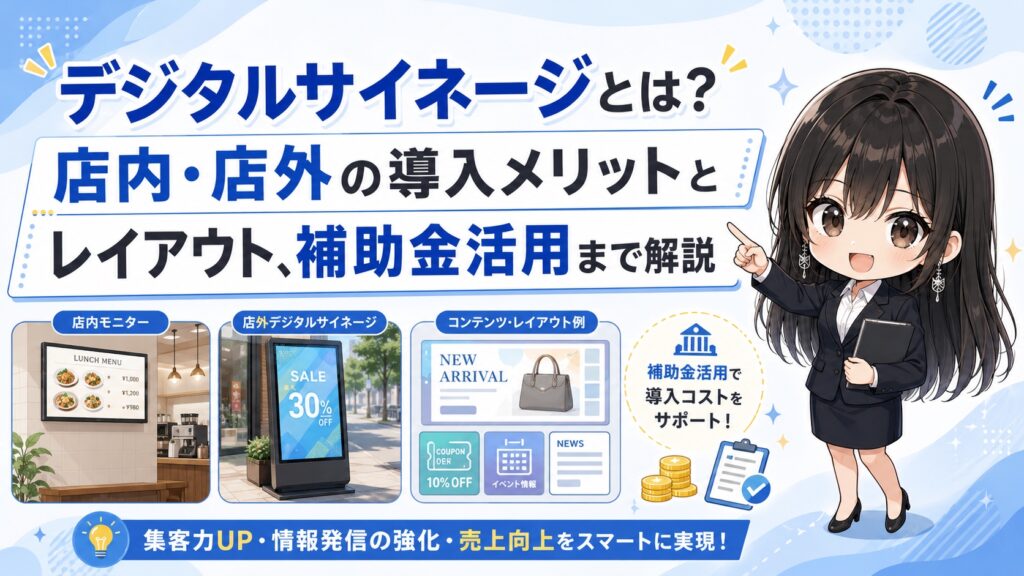 デジタルサイネージとは？店内・店外の導入メリットとレイアウト、補助金活用まで解説