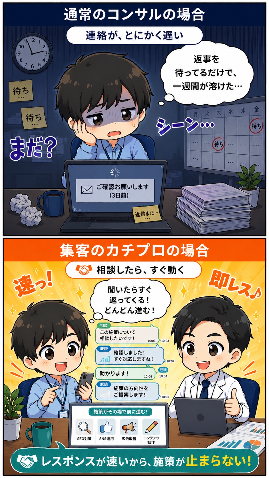 通常のコンサルは返信が遅く施策が止まる。集客のカチプロはレスポンスが速く施策が止まらないことを示した漫画