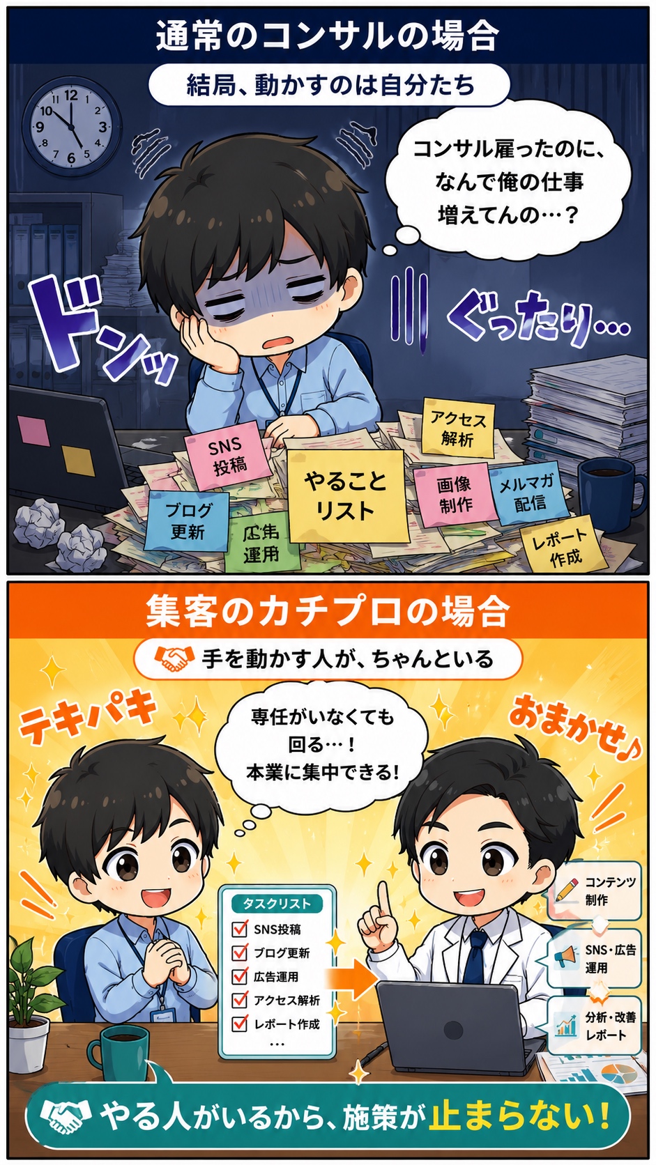 通常のコンサルでは担当者にタスクが積み上がる。集客のカチプロは手を動かす人がいて施策が止まらないことを示した漫画
