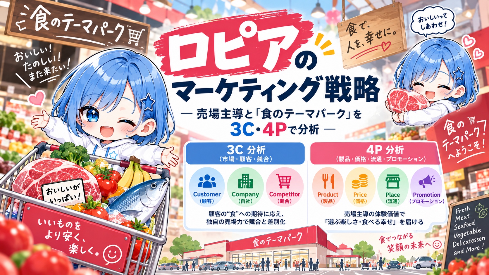 ロピアのマーケティング戦略 - 売場主導と「食のテーマパーク」を3C・4Pで分析