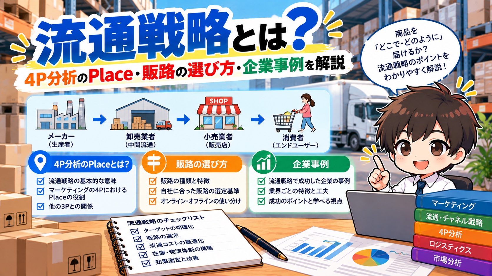 流通戦略とは？4P分析のPlace・販路の選び方・企業事例を解説