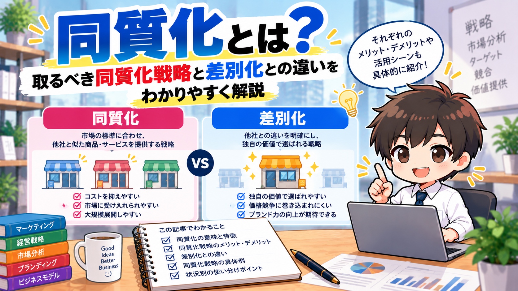 同質化とは？取るべき同質化戦略と差別化との違いをわかりやすく解説